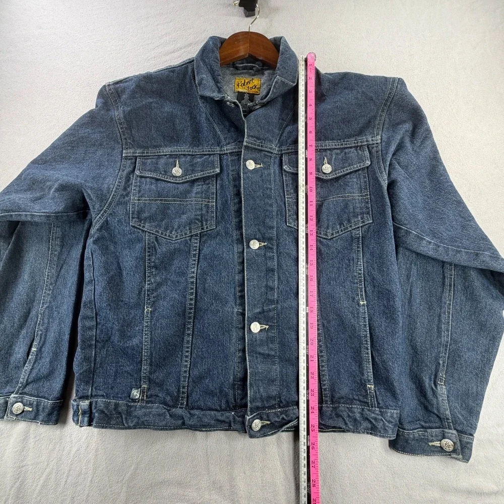 Vintage Robert Stock Denim Jacket Mens XL Blue Leather Patch Back Trucker